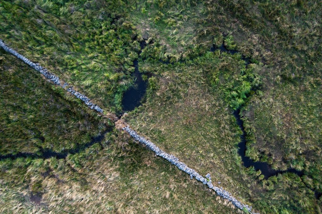 Vue aérienne d’un muret traversant une zone humide